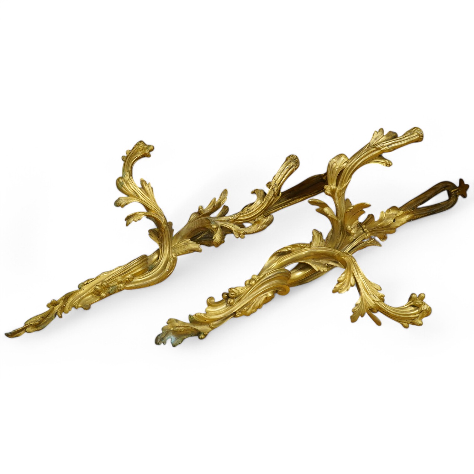 A pair of Rococo style ormolu wall lights, 74cm high. Condition - fair